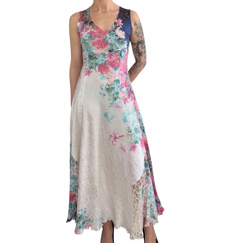 Komarov Floral Lace Maxi Dress Crinkle Satin Corset Back Cottagecore Romantic SM - Picture 14 of 15